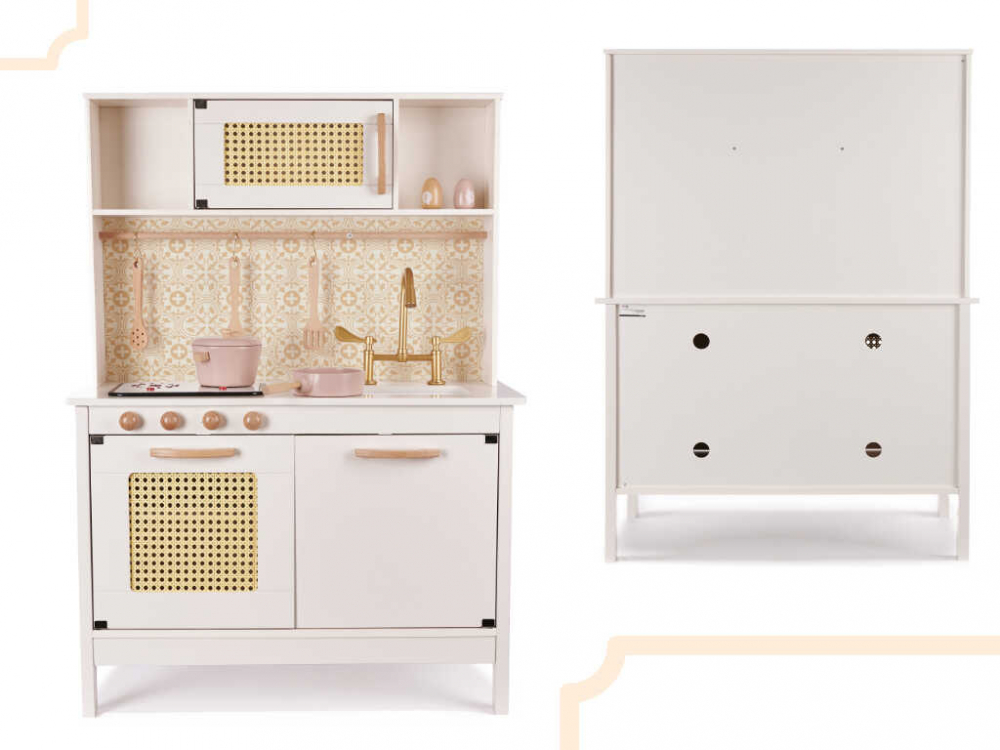 Bucatarie copii, din lemn, model Retro, 100 cm inaltime, Efecte luminoase si Sonore, Calitate Superioara, Include Plita cu Doua Arzatoare, Cuptor, Chiuveta, Cuptor cu Microunde si Accesorii [3]