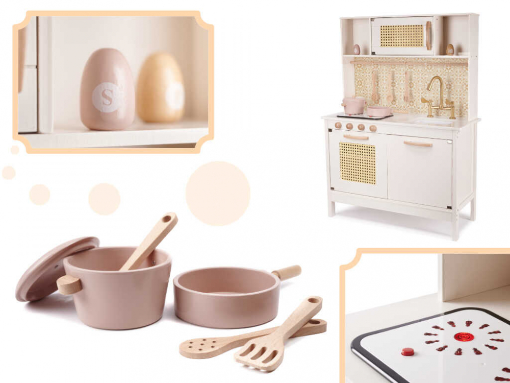 Bucatarie copii, din lemn, model Retro, 100 cm inaltime, Efecte luminoase si Sonore, Calitate Superioara, Include Plita cu Doua Arzatoare, Cuptor, Chiuveta, Cuptor cu Microunde si Accesorii [2]