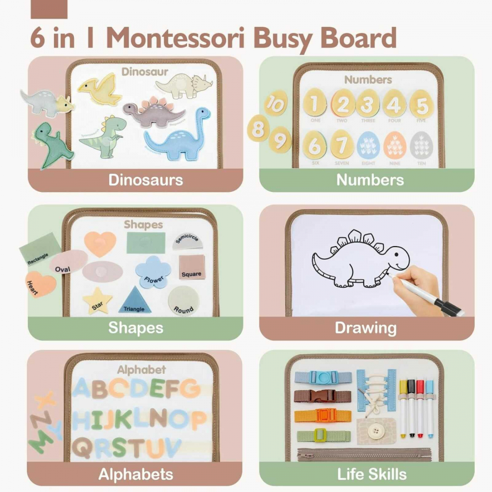 Busy Board Montessori cu Activitati si Dinozauri, Jucarie Senzoriala Portabila, 3 ani+ [2]
