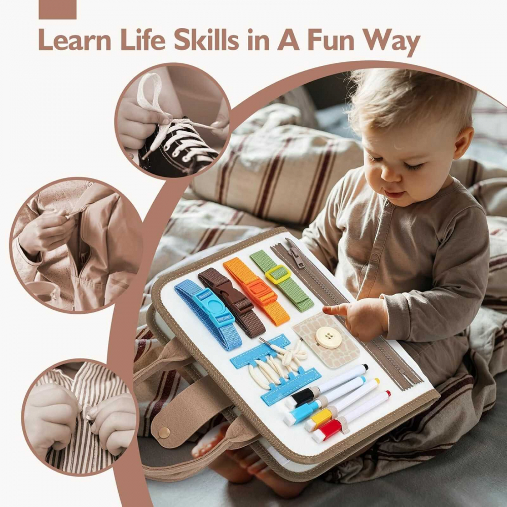 Busy Board Montessori cu Activitati si Dinozauri, Jucarie Senzoriala Portabila, 3 ani+ [3]