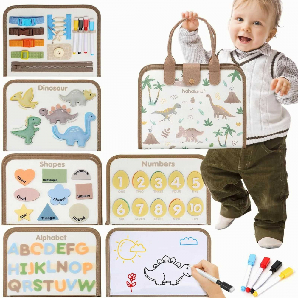 Busy Board Montessori cu Activitati si Dinozauri, Jucarie Senzoriala Portabila, 3 ani+ [4]