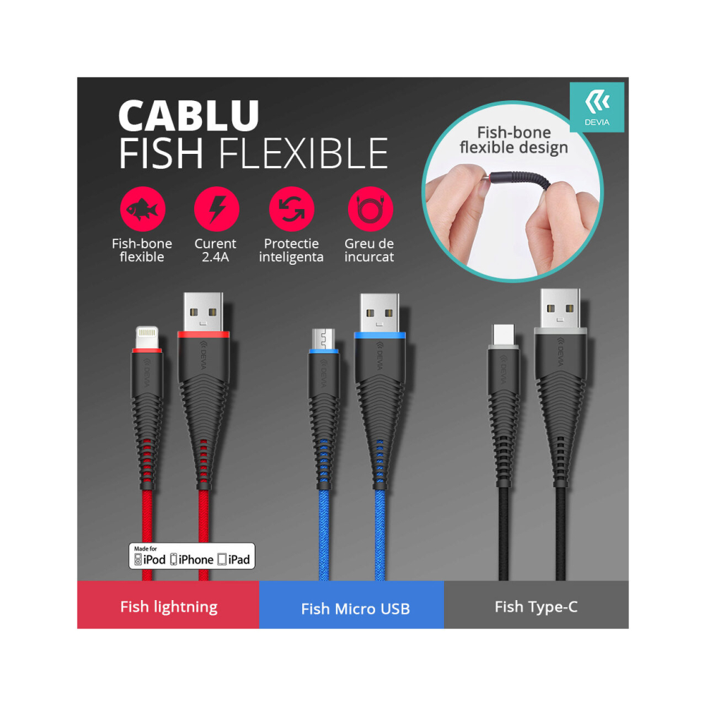 Cablu MFI Lightning Devia Fish 1.5m, Red [2]