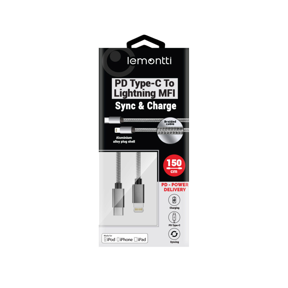 Cablu MFI Lightning la Type-C Lemontti Quick Charge 1.5m, Gri [8]