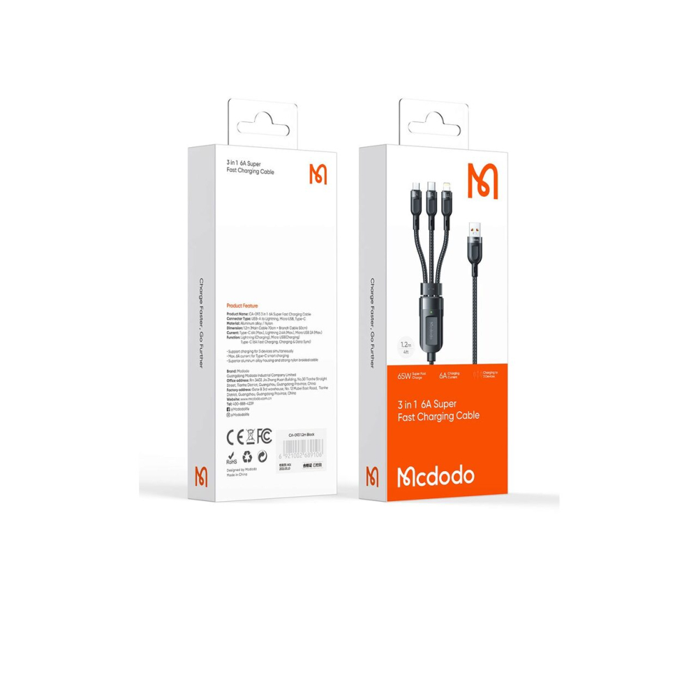 Cablu Super Fast Charging Lightning, MicroUSB si Type-C Mcdodo Grenade Series 3 in 1, 1.2m, Black [5]