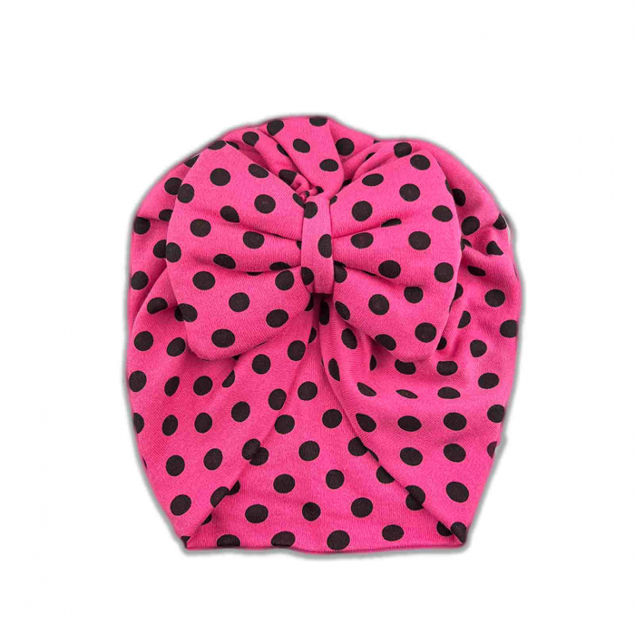 Caciulita bebe cu fundita si buline mari, Turban din bumbac, Roz [2]