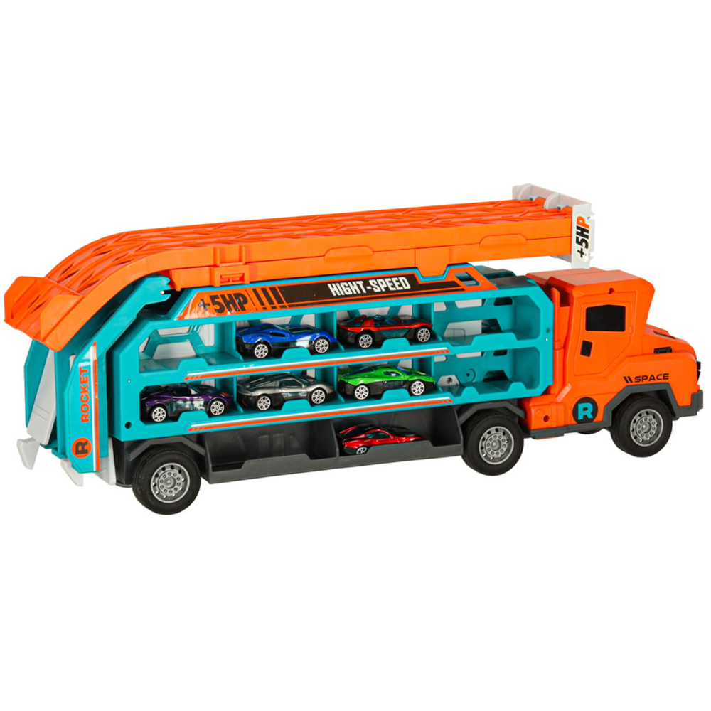 Camion Port-Masini Transformabil in Pista de Curse 2 in 1, Portocaliu cu Albastru, 6 Masinute si Abtibilduri Included, 3 ani+ [2]