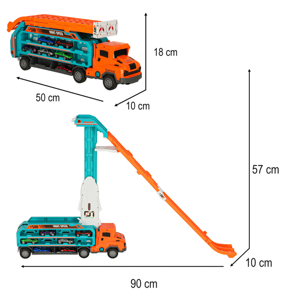 Camion Port-Masini Transformabil in Pista de Curse 2 in 1, Portocaliu cu Albastru, 6 Masinute si Abtibilduri Included, 3 ani+ [5]
