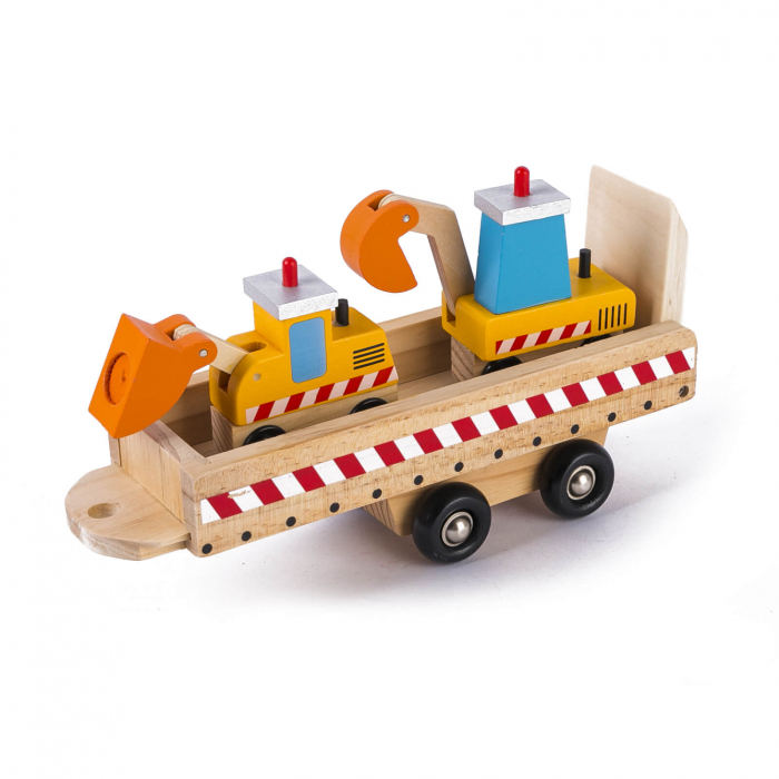 Jucarie baieti Camion transportator din lemn cu vehicule constructii. [4]