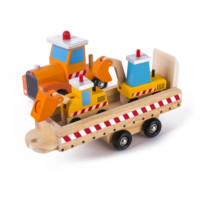 Jucarie baieti Camion transportator din lemn cu vehicule constructii. [3]