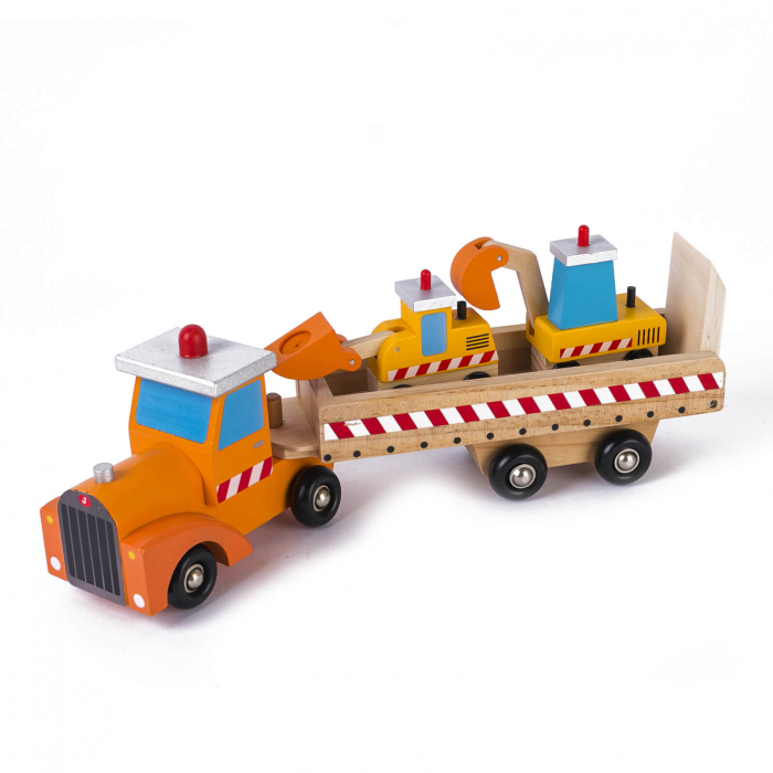 Jucarie baieti Camion transportator din lemn cu vehicule constructii. [2]