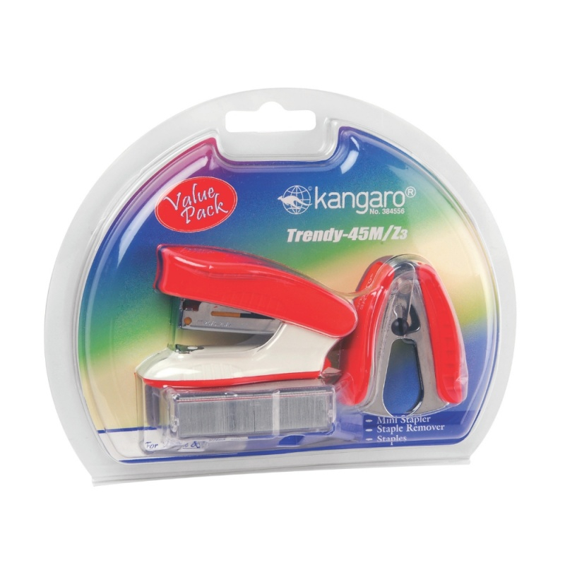 Capsator Kangaro TRENDY-45M/Z3, 24/6, 15coli, rosu, blister (+ decapsator, + capse 24/6) [1]