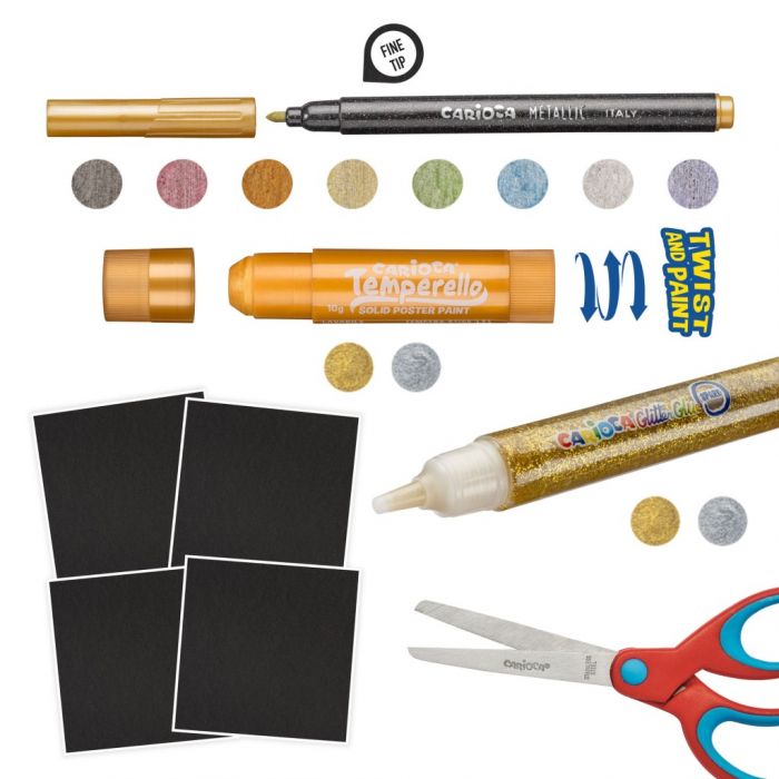 Set creativ cu 17 accesorii, carioci, coli negre, lipisi si foarfeca, Carioca Metallic [2]