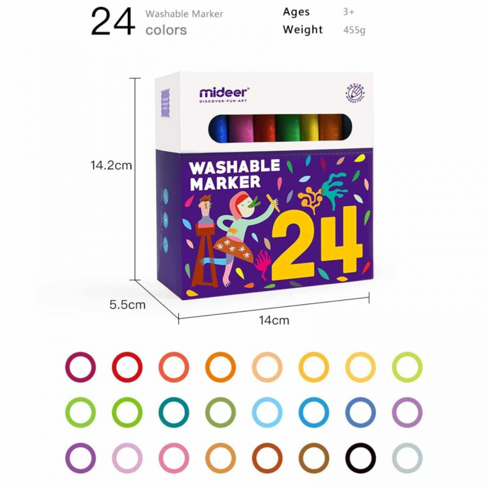 Set Carioci Lavabile MiDeer, 24 Culori – Vârf Rezistent la Apăsare, Cerneală Non-Toxică [7]