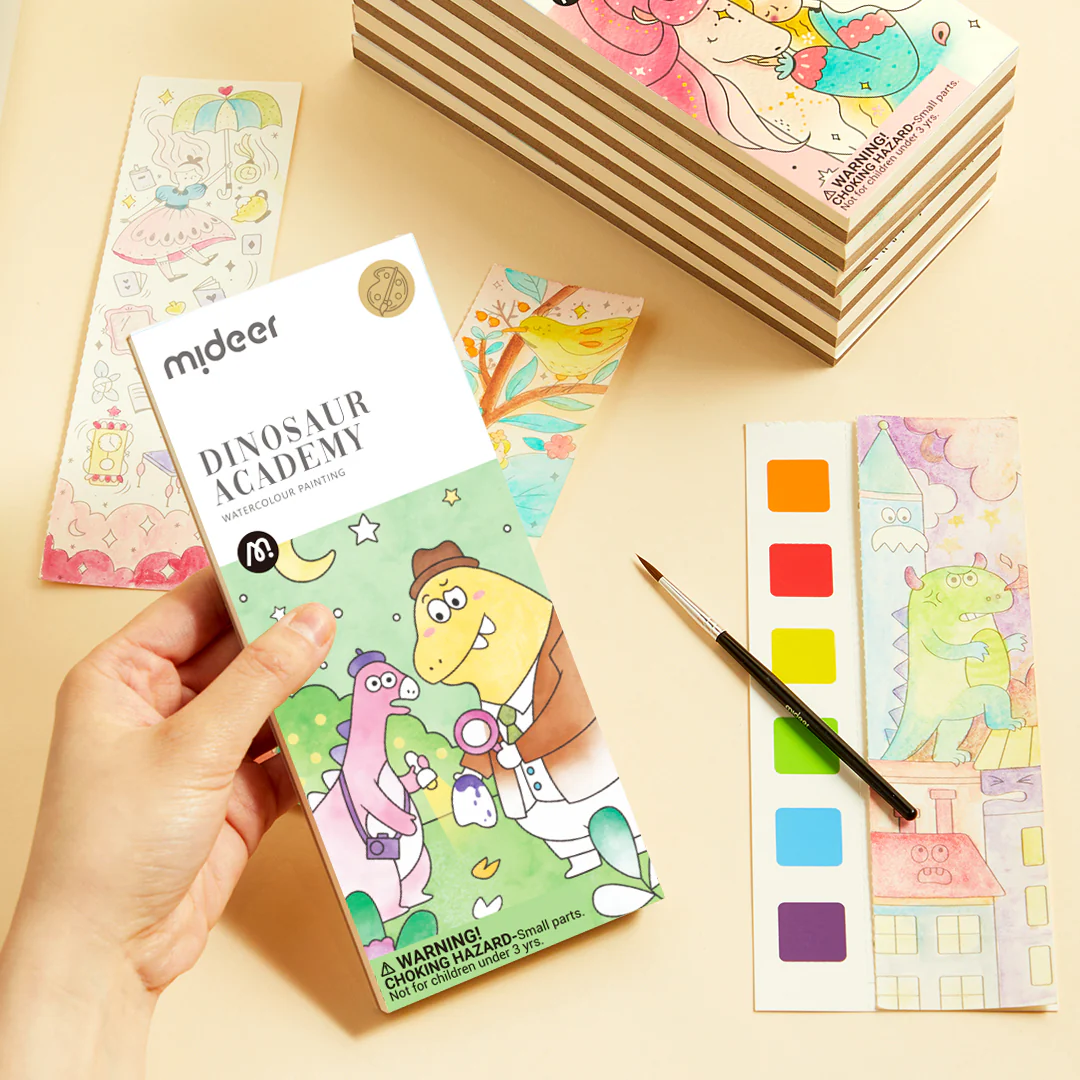 Carte de colorat cu desene, include pensula de pictat si acuarele, Dinozauri, Mideer [4]