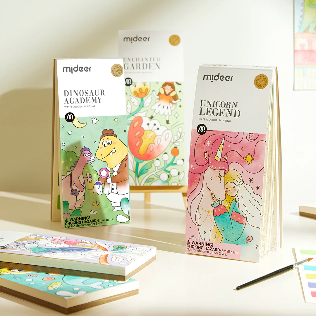 Carte de colorat cu desene, include pensula de pictat si acuarele, Dinozauri, Mideer [6]
