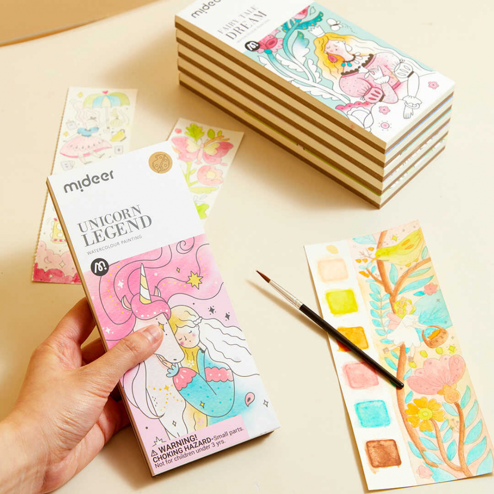 Carte de colorat cu desene, include pensula de pictat si acuarele, Unicorni, Mideer [6]