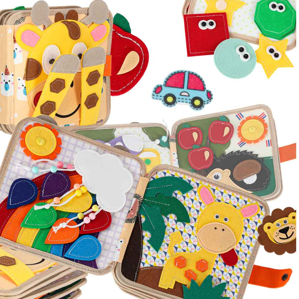 Carte senzoriala educativa, Busy Book, Montessori 7 in 1, 8 pagini, 3D, cu elemente detasabile, model girafa [2]