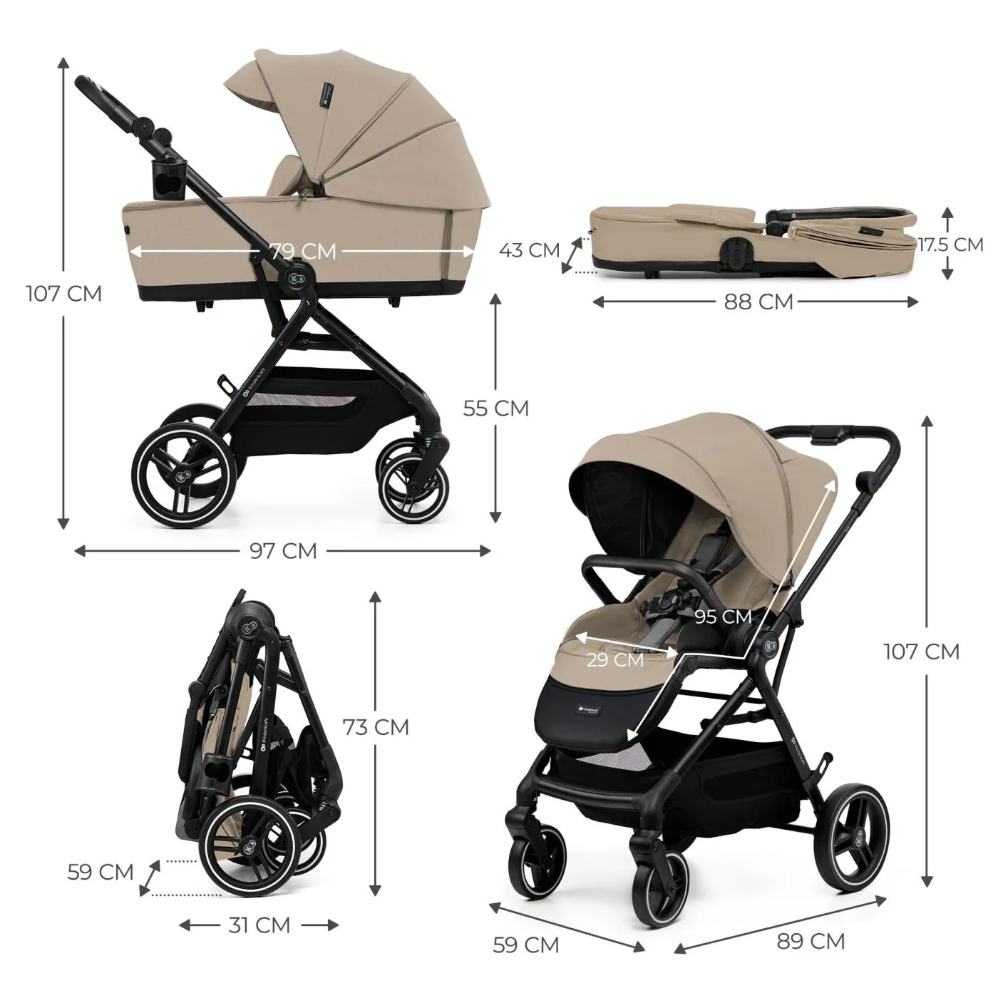 Carucior kinderkraft yoxi 2in1, sand beige, copii varsta 0 luni pana la 4 ani [7]