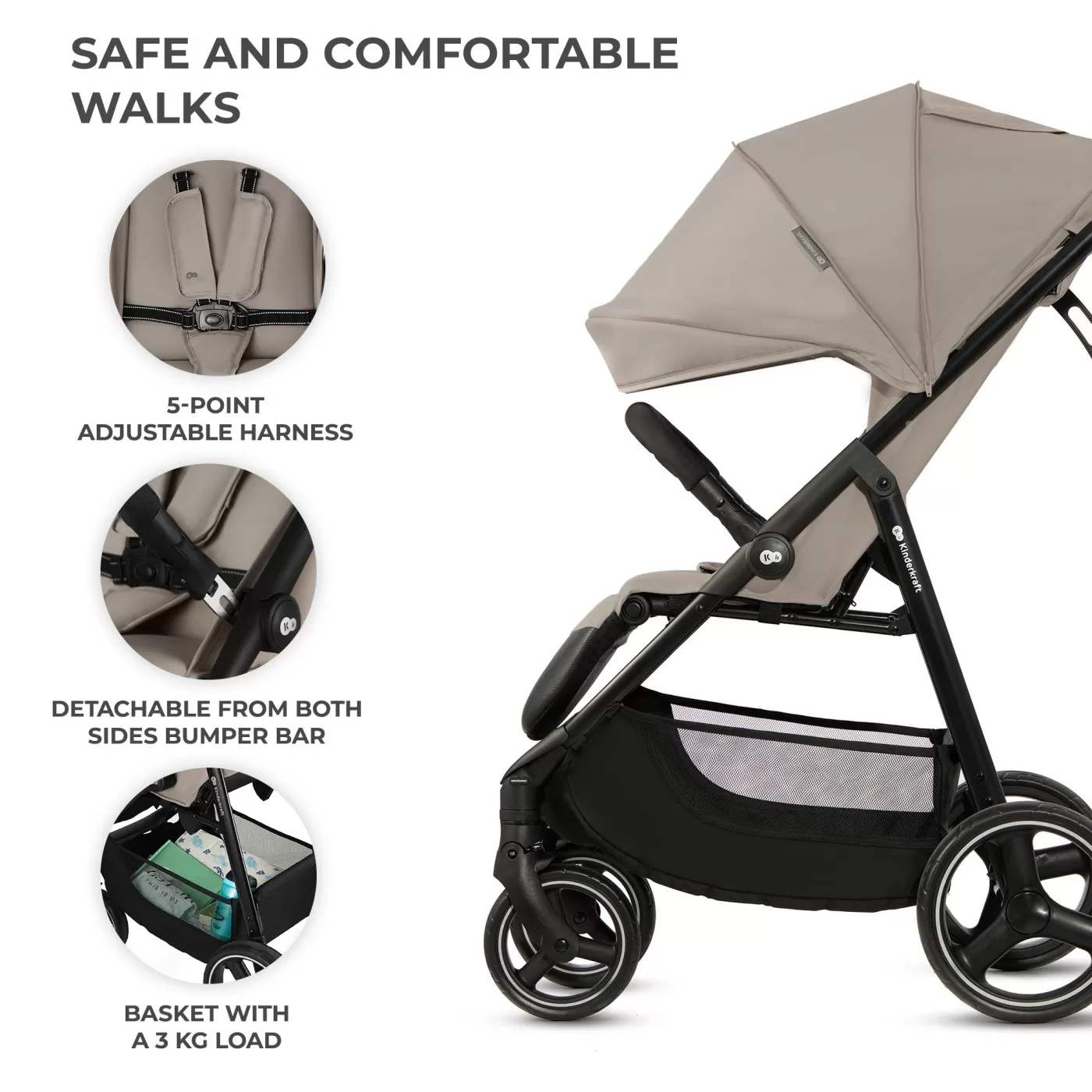 Carucior sport kinderkraft trig3 stone beige, varsta de la 0 luni la 5 ani [4]