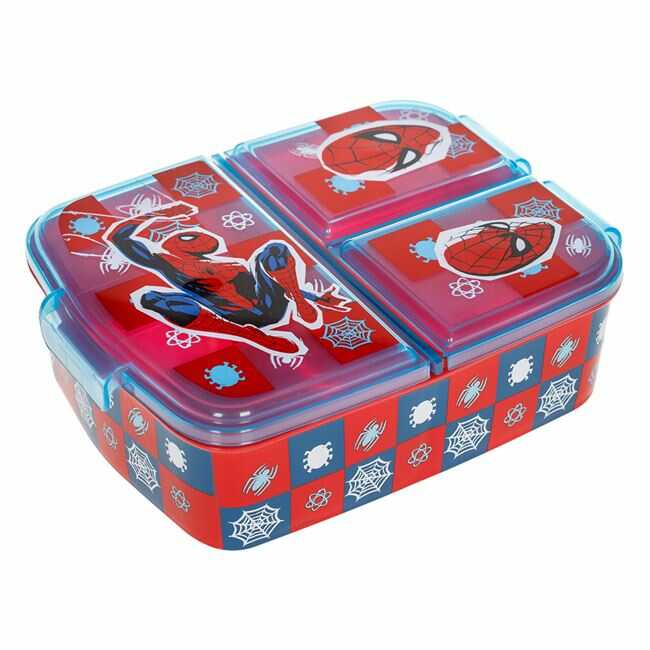 Caserola plastic, compartimentata, copii, Spiderman, Albastra Rosie, pentru baieti, 790 ml, 18 x 13.5 x 5.5 cm [2]
