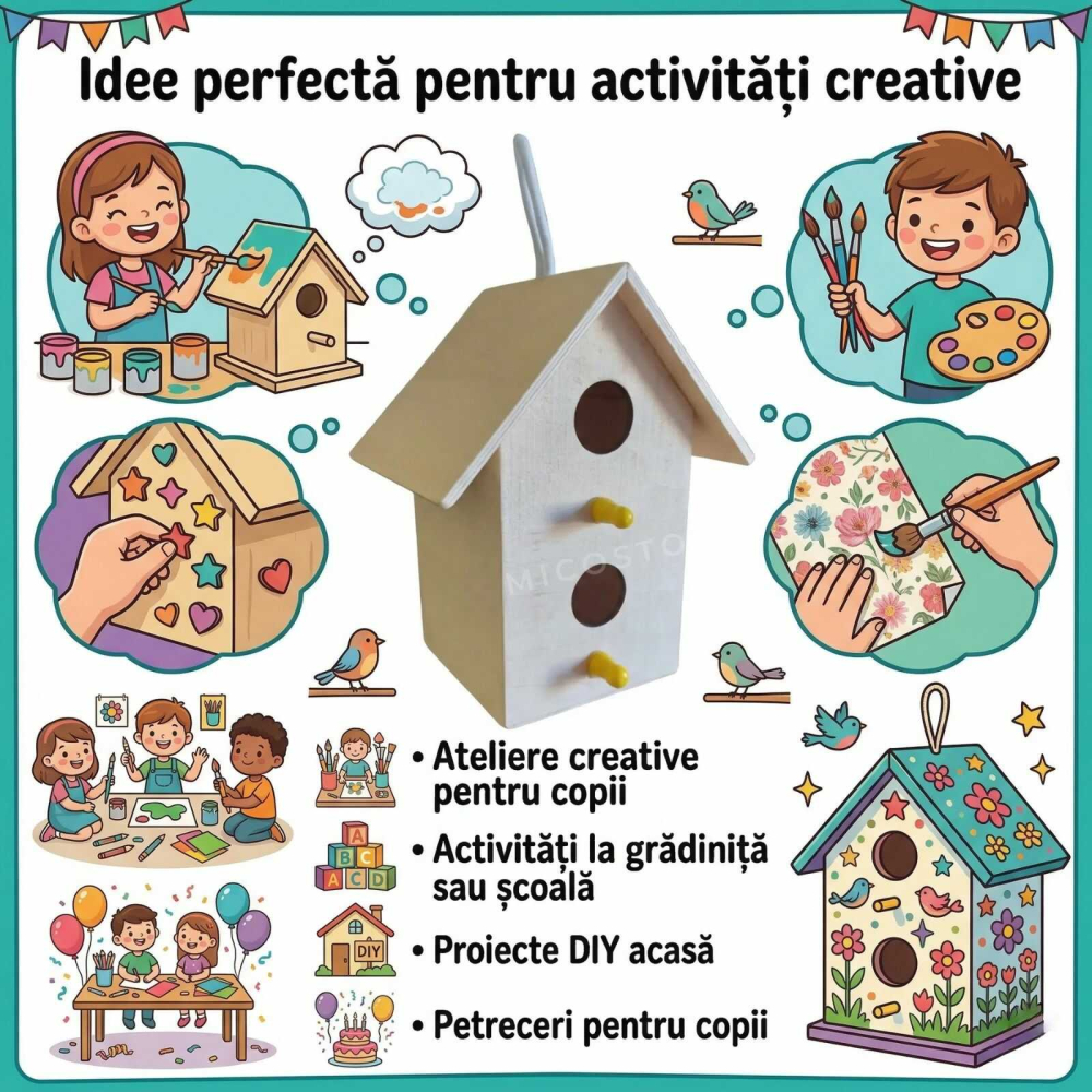 Casuta de colorat pentru pasari, din lemn natur, 2 gauri [4]