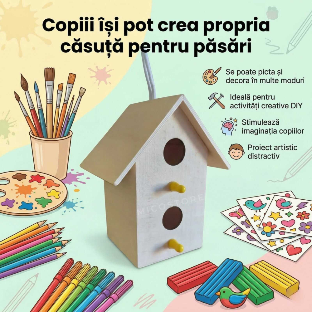 Casuta de colorat pentru pasari, din lemn natur, 2 gauri [3]