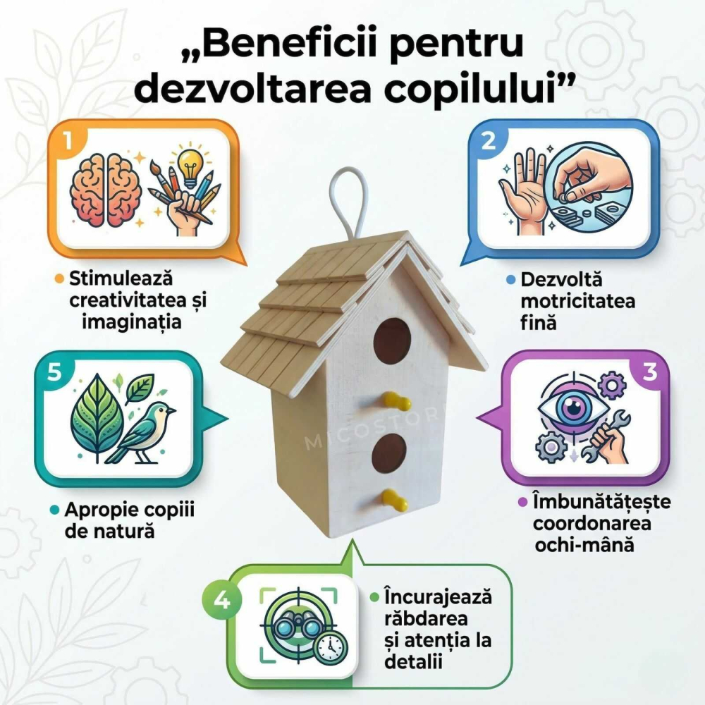 Casuta de colorat pentru pasari, din lemn natur, 2 gauri [2]