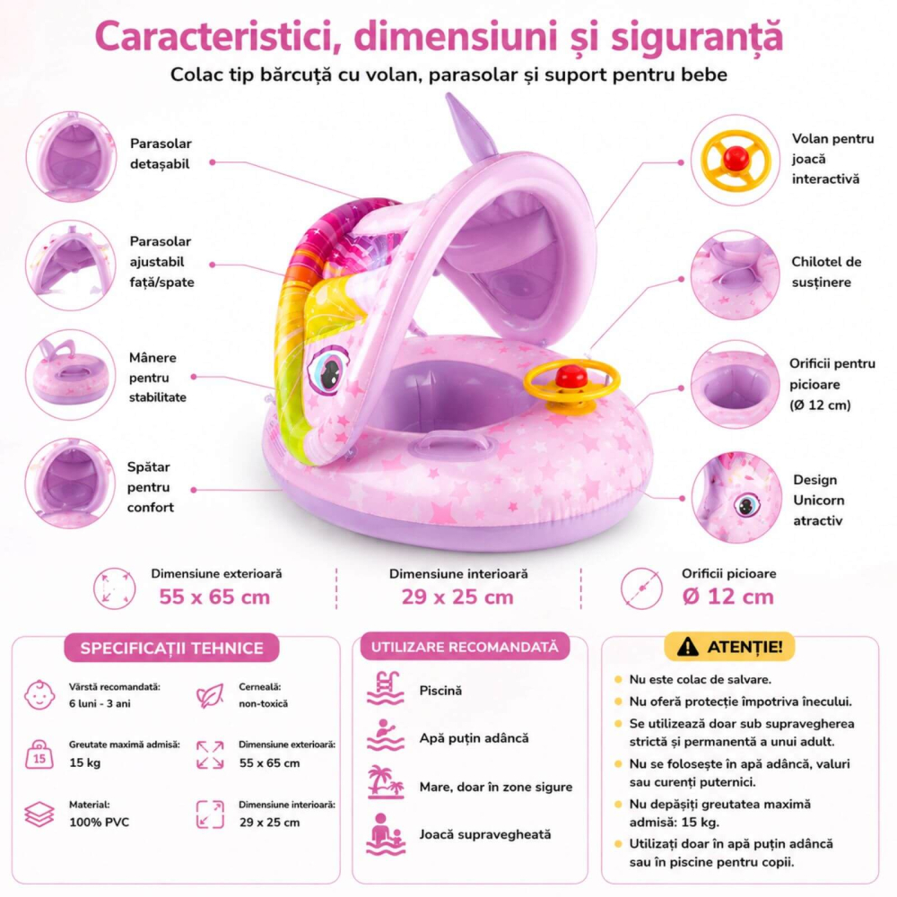 Colac Bebe cu Parasolar, Chilotel si Volan, 6-36 luni, Unicorn [2]