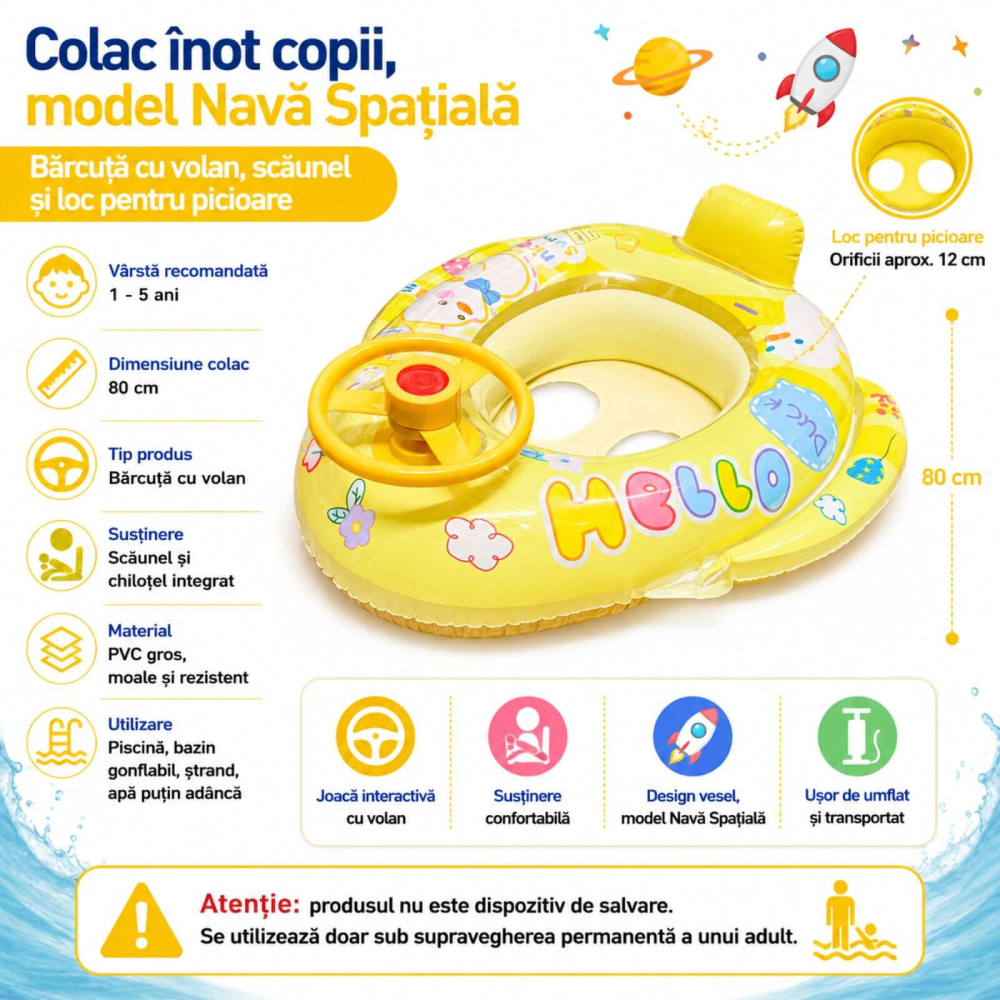 Colac inot copii 1-5 ani, barcuta cu volan, chilotel, Galben [2]