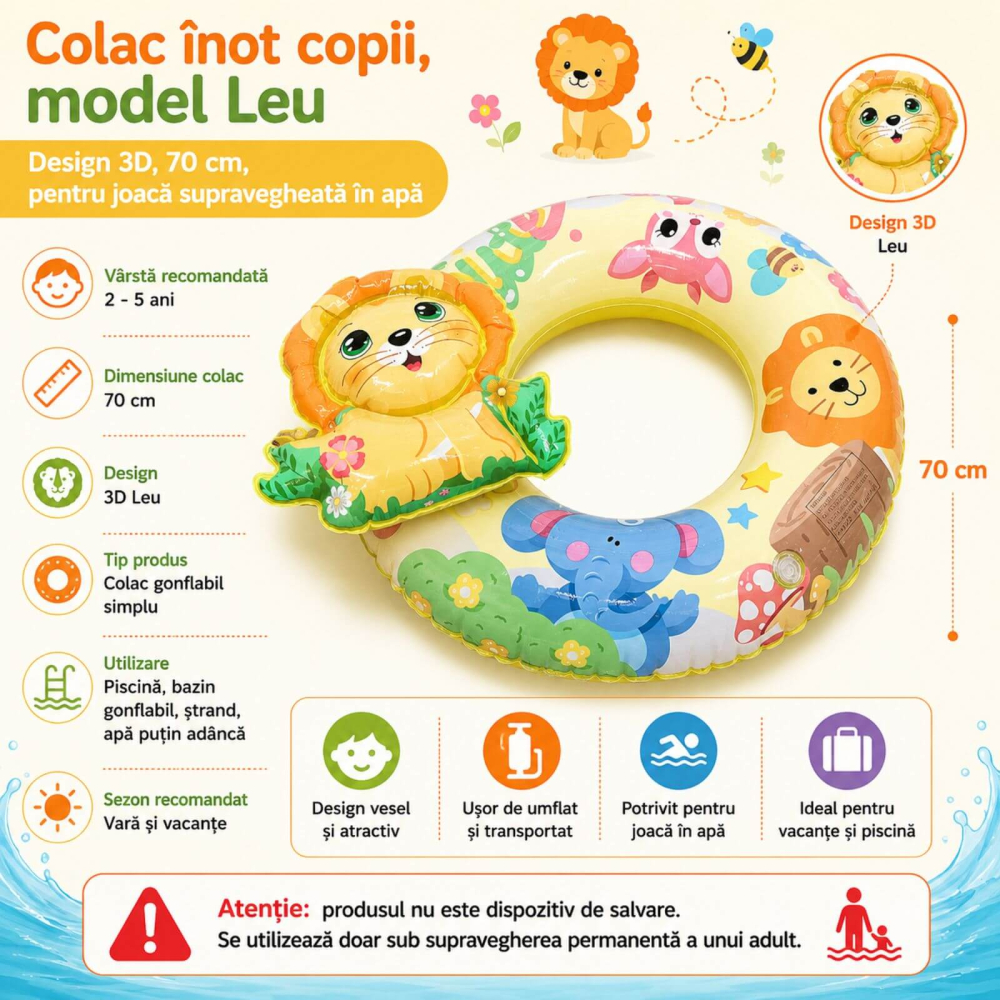 Colac inot copii 2-5 ani, gonflabil, 70 cm, Leu 3D [2]