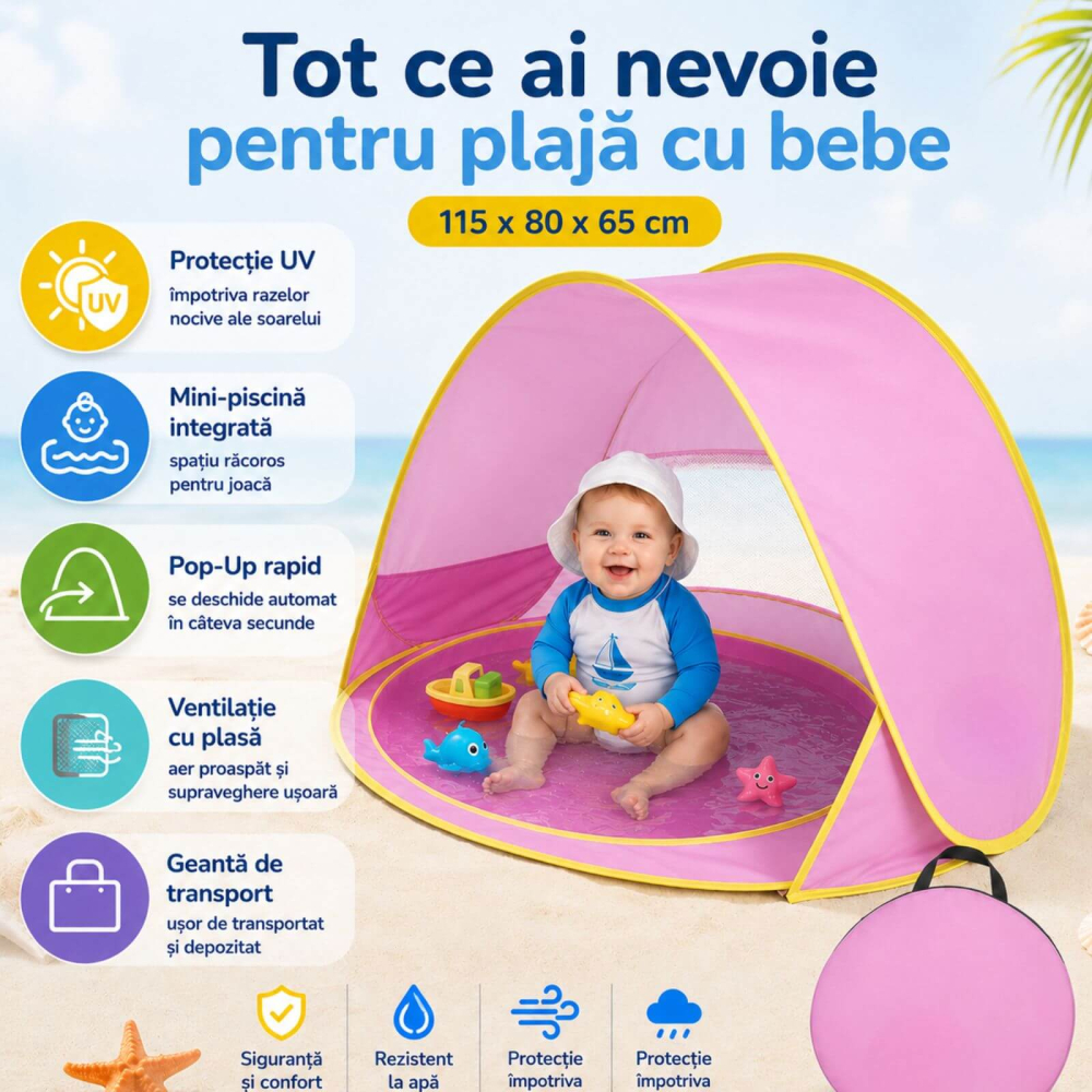 Cort de plaja bebe, roz, pop-up, cu piscina si protectie UV, 115 x 80 x 65 cm [3]