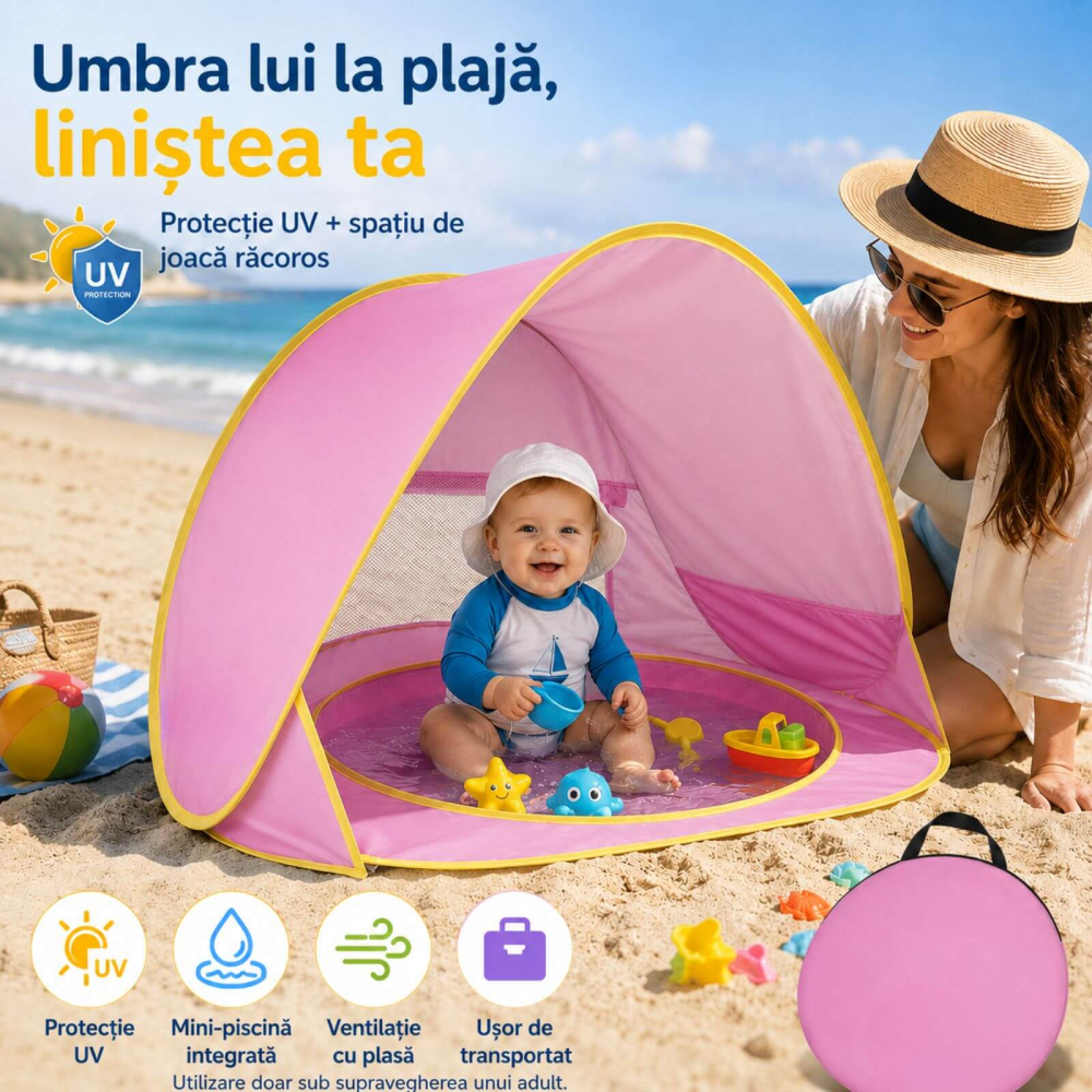 Cort de plaja bebe, roz, pop-up, cu piscina si protectie UV, 115 x 80 x 65 cm [5]