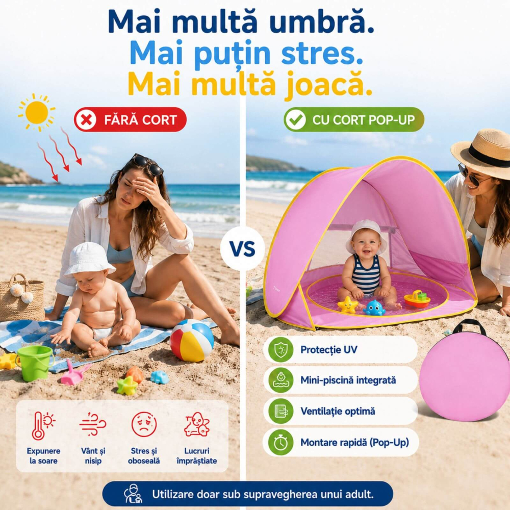 Cort de plaja bebe, roz, pop-up, cu piscina si protectie UV, 115 x 80 x 65 cm [2]