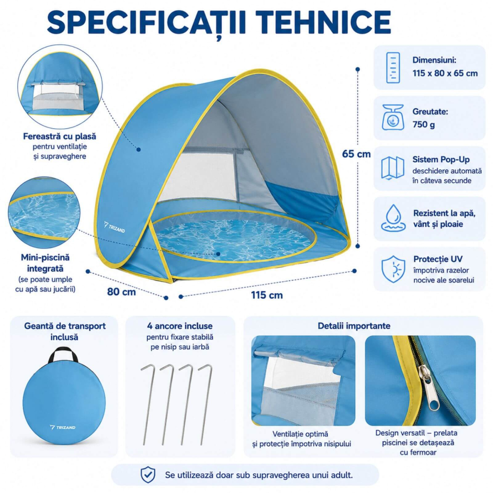 Cort Plaja Copii si Bebelusi, Protectie UV, cu Piscina - Micostore.ro [5]