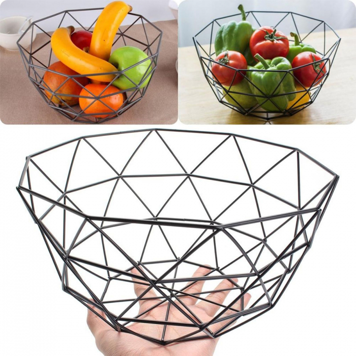 Cos de fructe, awwaline, Model cu Triunghiuri, Metal, Negru, 15x26cm [3]