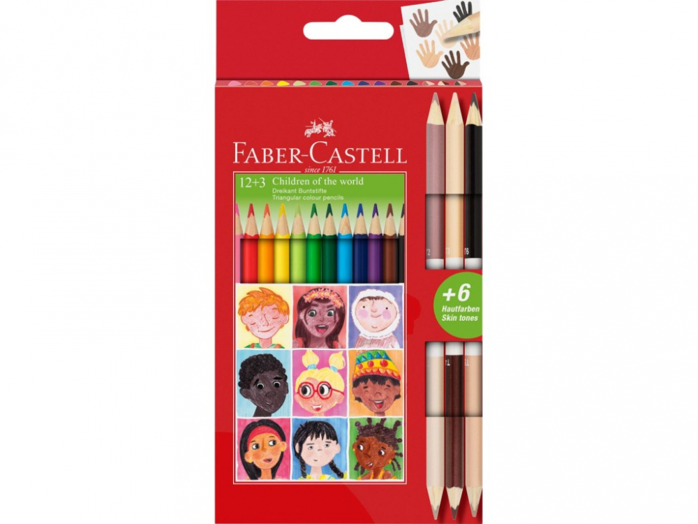 Creioane colorate triunghiulare și bicolore piele Children of the World Faber-Castell 12 + 3 culori/set [1]