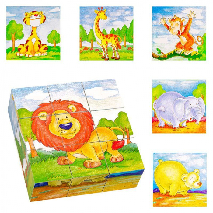 Cuburi din lemn animale salbatice, Puzzle 9 piese [3]
