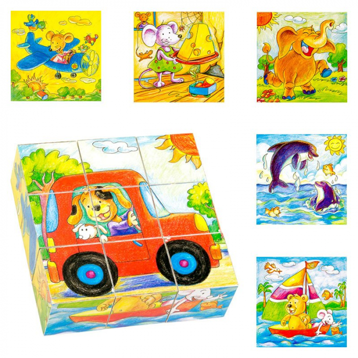 Cuburi din lemn, Masinute si Animale, Puzzle 9 piese [3]