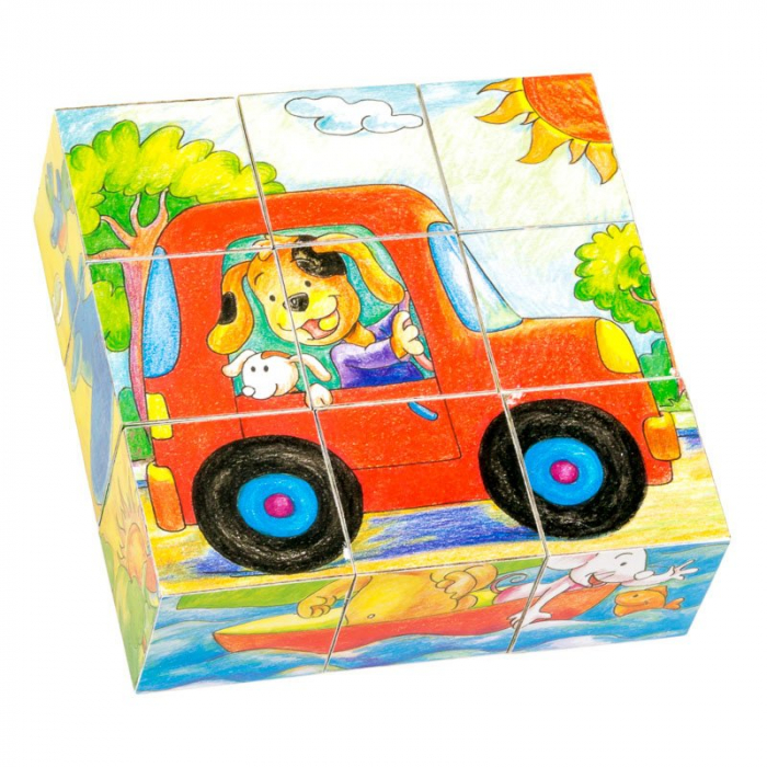 Cuburi din lemn, Masinute si Animale, Puzzle 9 piese [2]