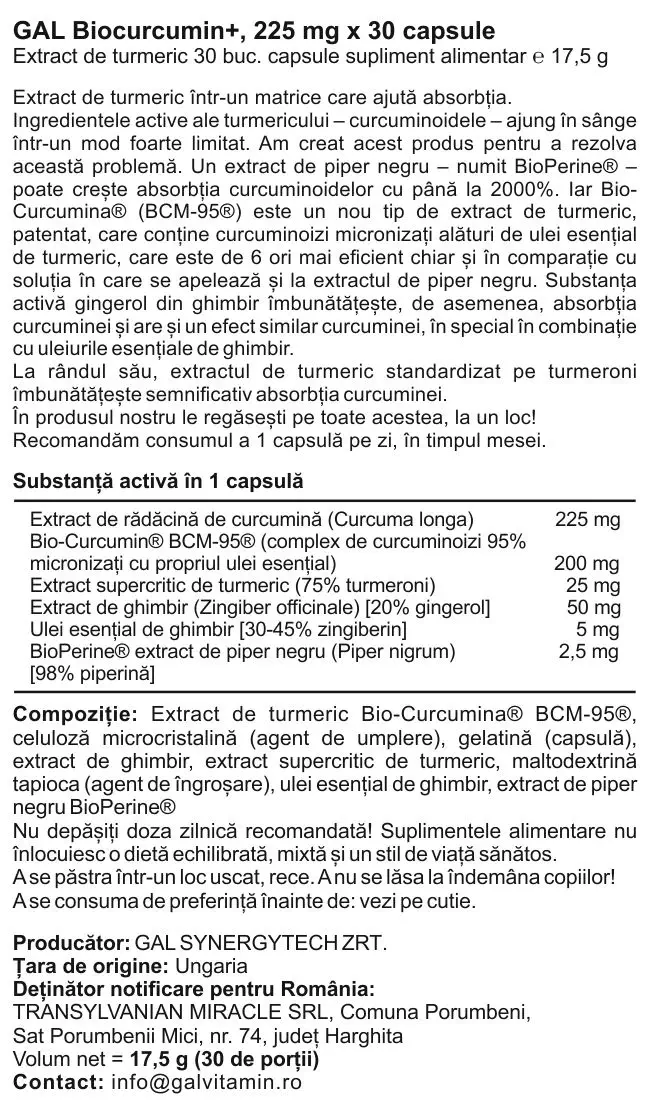 Curcumina BIO pentru sanatatea articulatiilor, atenuarea depresiei, tratamentul bolii Alzheimer, GAL 225 mg x 30 caps [4]