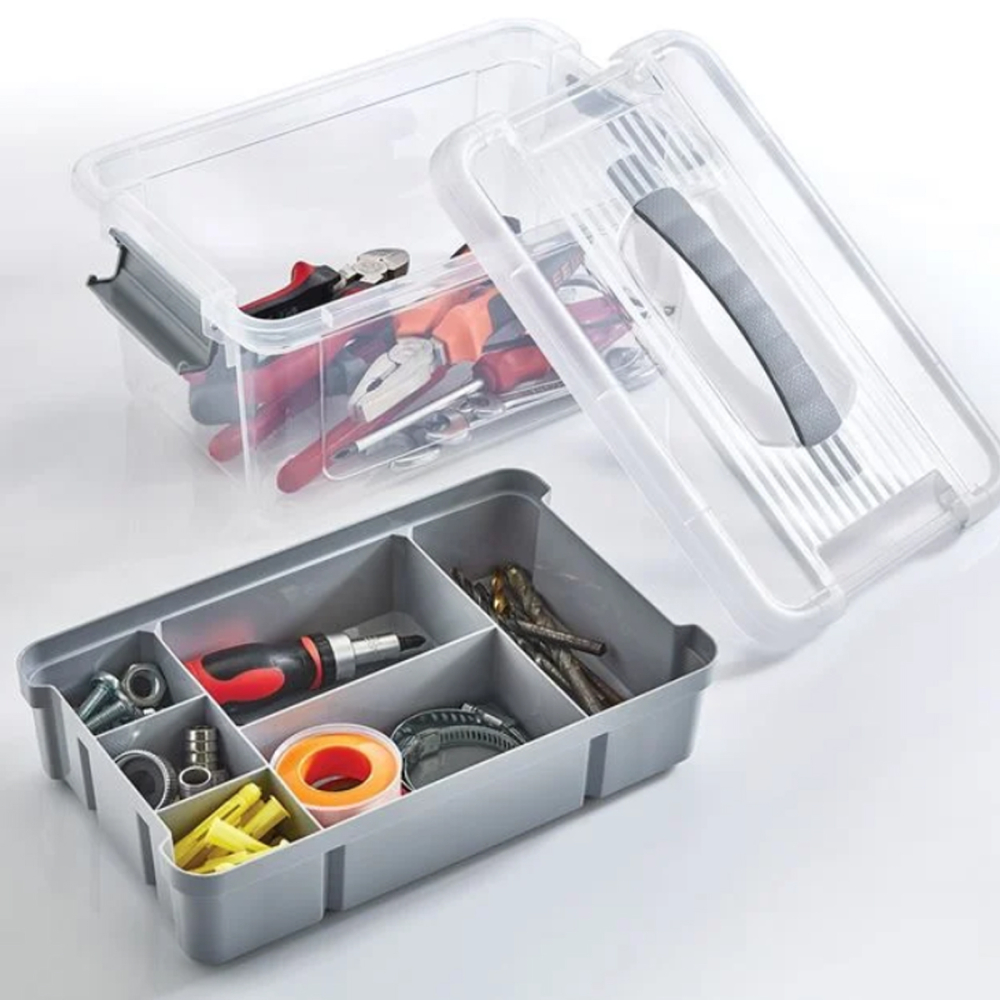 Cutie Organizator cu Raft Compartimentat Gri & Capac Transparent 29x19x14cm - 5L [4]