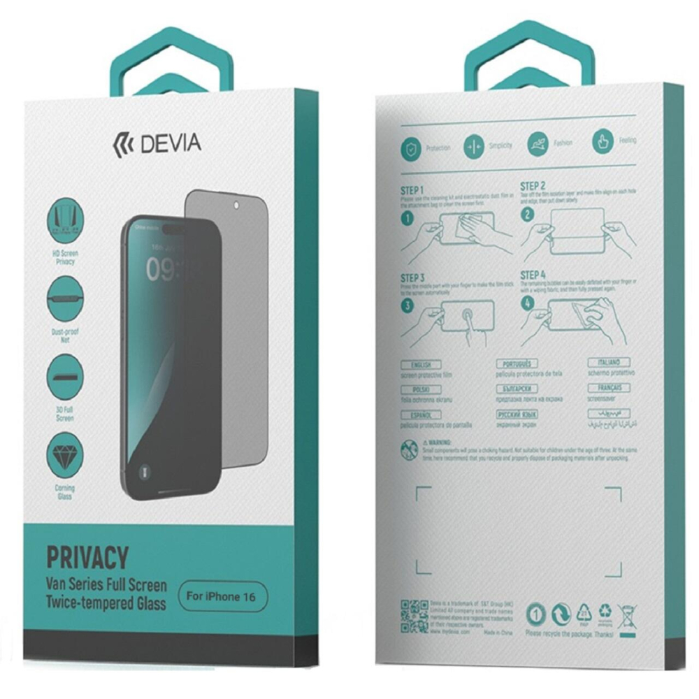 Devia Folie Sticla Van Series Full Screen Privacy Twice iPhone 16 Negru [6]