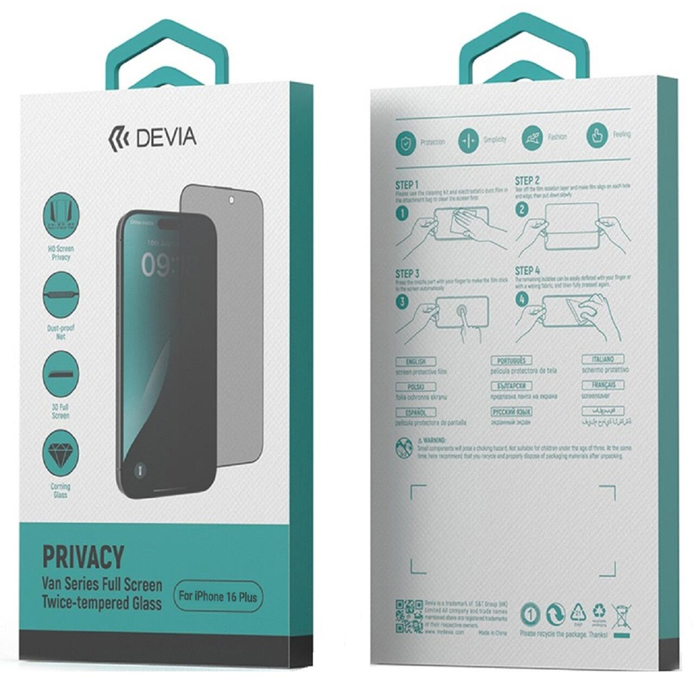 Devia Folie Sticla Van Series Full Screen Privacy Twice iPhone 16 Plus Negru [6]