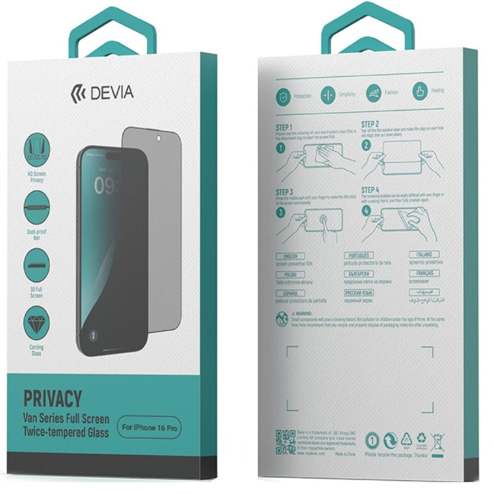 Devia Folie Sticla Van Series Full Screen Privacy Twice iPhone 16 Pro Negru [6]
