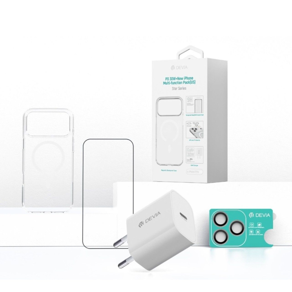 Devia Set 4 in 1 iPhone 17 Pro Max Incarcator retea GaN PD 30W + husa silicon Magsafe + folie sticla Military-Grade cu aplicator + folie sticla camera [8]