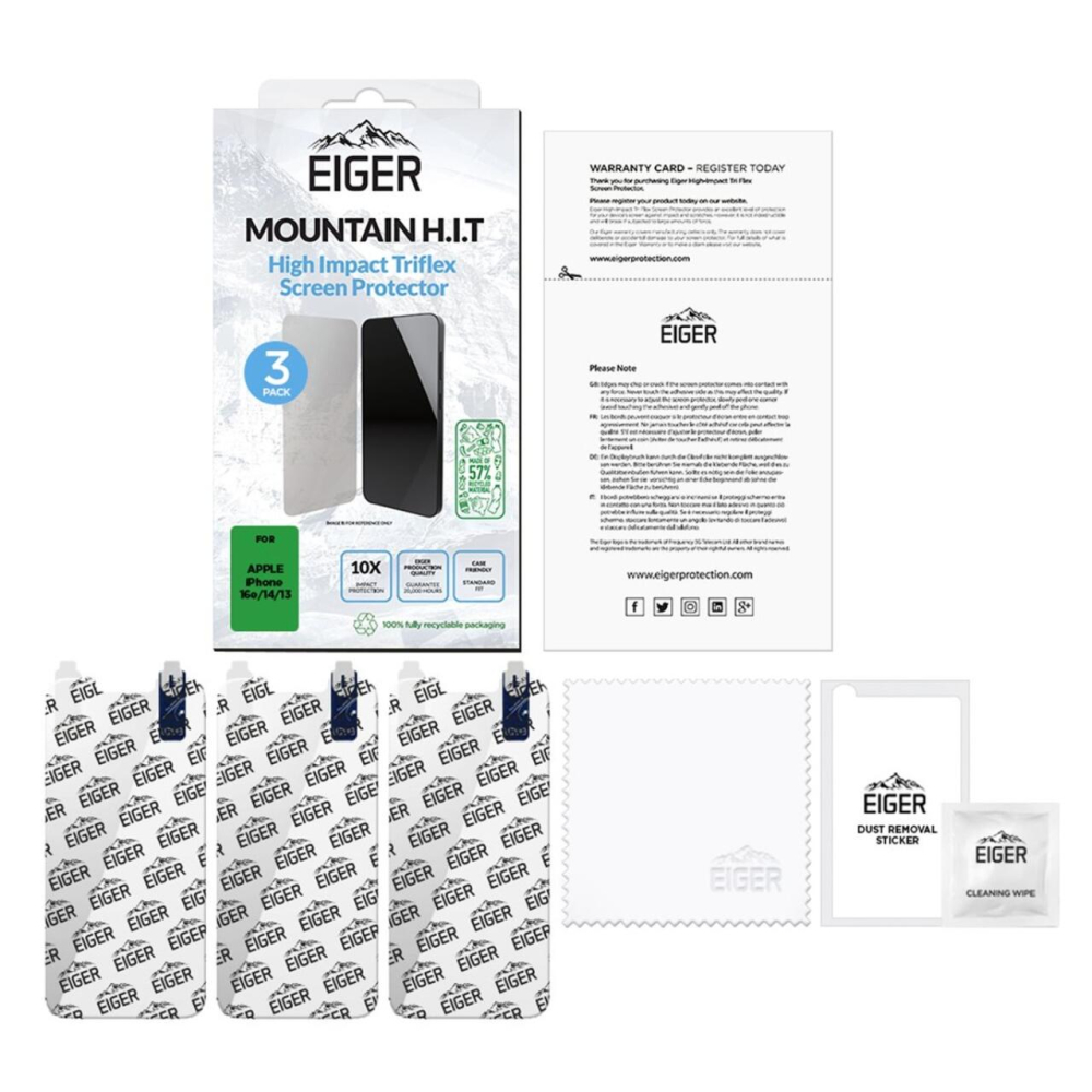 Eiger Folie Clear Triflex H.I.T GRS iPhone 17e / iPhone 16e / iPhone 14 / iPhone 13 / iPhone 13 Pro, pachet de 3 buc, Clear [3]