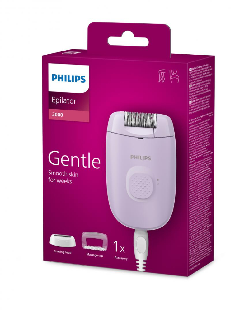Epilator cu fir philips seria 2000 bre237/00, 1 viteza, 2 accesorii, retea, lila, l x a x i (mm) 110x40x145 [7]