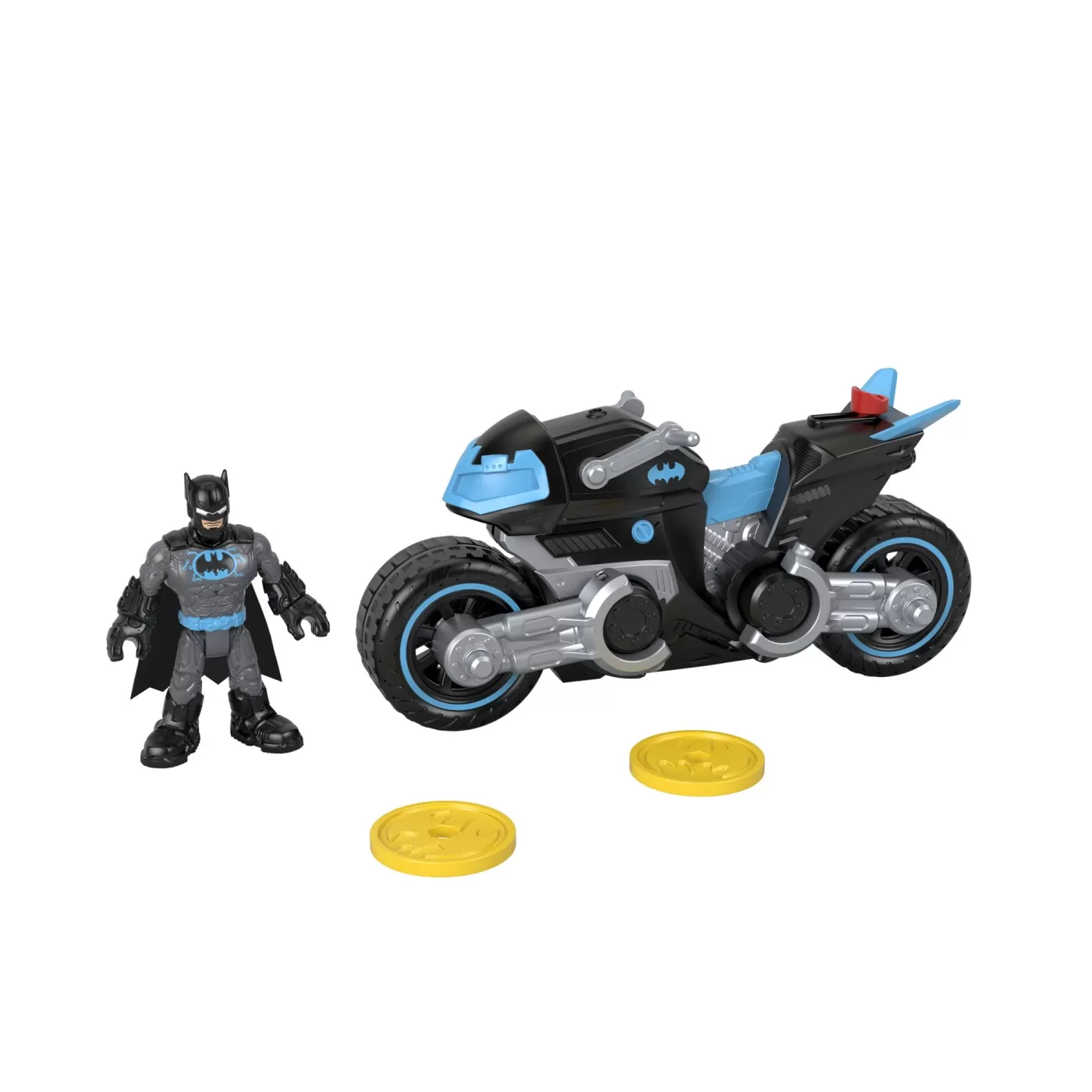 Fisher price imaginext dc super friends vehicul motocicleta cu figurina batman cu costum gri, varsta de la 3 ani la 8 ani [2]