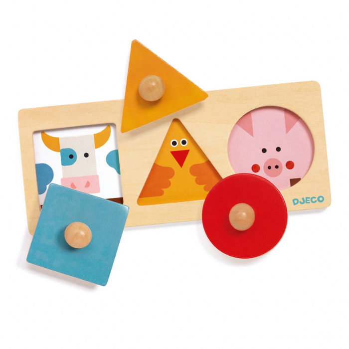 Puzzle incastru din lemn cu forme geometrice, piese cu maner si butoni, Montessori, Djeco [2]