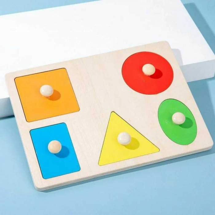 Jucarii Montessori din lemn, puzzle cu maner si forme geometrice. [5]